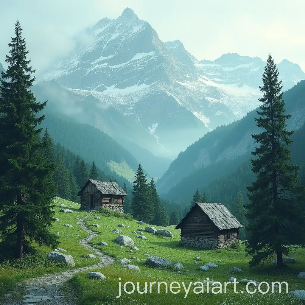 Snowy-Landscape-with-Green-Mountains-Trees-and-Rustic-Houses