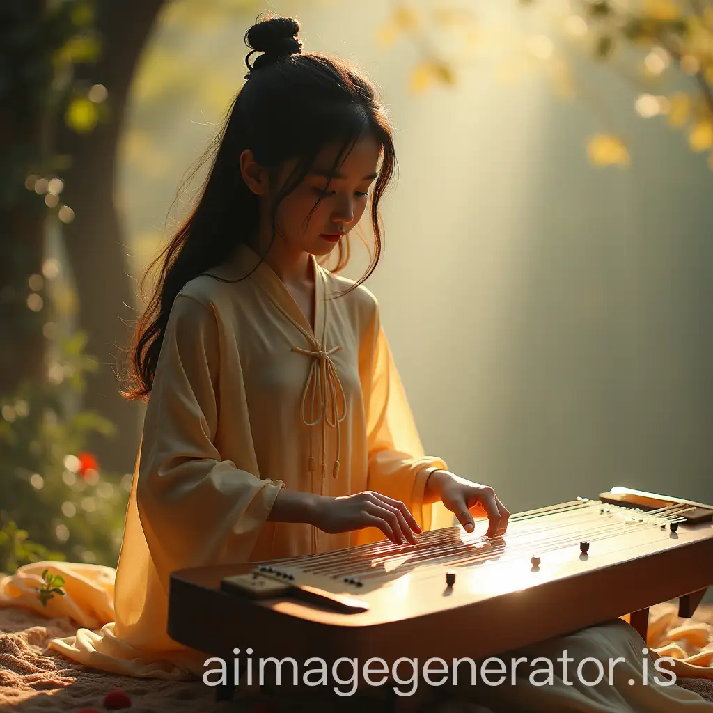 Young-Girl-Playing-Guzheng-and-Bamboo-Flute-in-Soft-Morning-Light