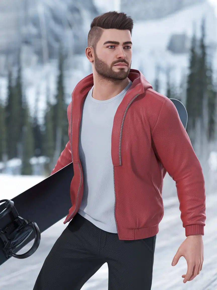 Handsome-Sporty-Man-Snowboarding-with-Beard-and-Short-Hair-in-3D