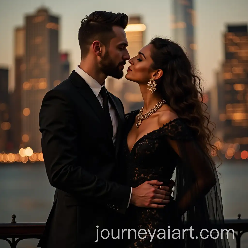 Elegant-Couple-Embracing-in-Urban-Gold-and-Black-Cityscape