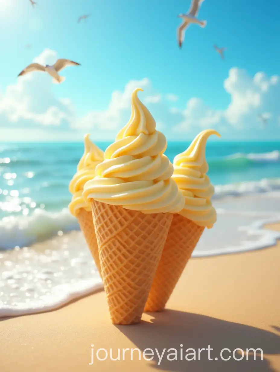 Butter-Chicken-Ice-Cream-in-Waffle-Cones-on-a-Vibrant-Beach-with-Seagulls-and-Waves