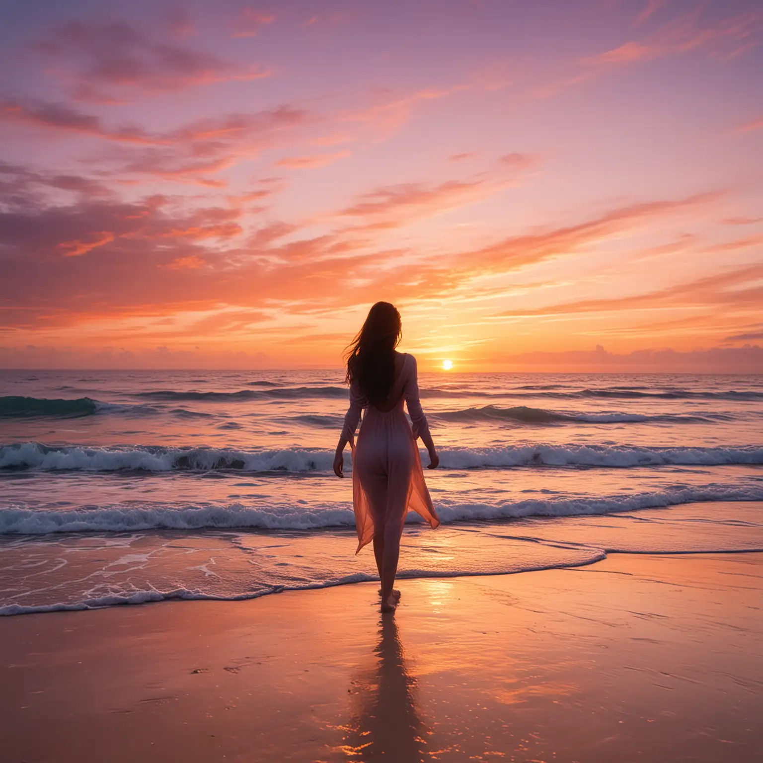 Silhouette-of-a-Young-Woman-at-Sunset-on-a-Tranquil-Beach