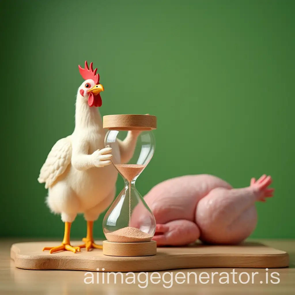 design advertisement for the opening of a chicken store containing a chicken holding a sand hourglass and behind it a frozen slaughtered chicken with a green wall background