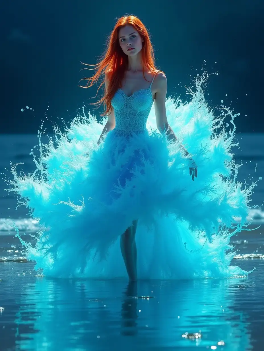 A stunning and surreal image of a redheaded girl wearing an intricate aqua dress made entirely of water waves, creating a mesmerizing and visually stunning effect. The girl is shown in a graceful pose on the seashore, and the water seems to flow out in a dramatic fan-like shape. This image can be created using the following vector. Woman in an elaborate aqua dress made entirely of water waves, thick and long hair, blue eyes, night, beautiful body, by Dmitry Kostanovich, Photoshop, Felicia Semyon, UHD image, Ekaterina Panikanova, shiny and bright, HDR, dynamic mode, 32 kb, sharp focus, illustration. by Sasan.