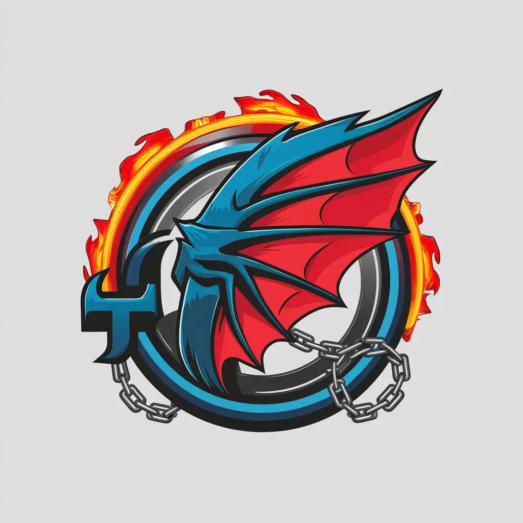 LOGO Design For Dragons Wing Blue and Red Dragon Wing with Fire and Chains