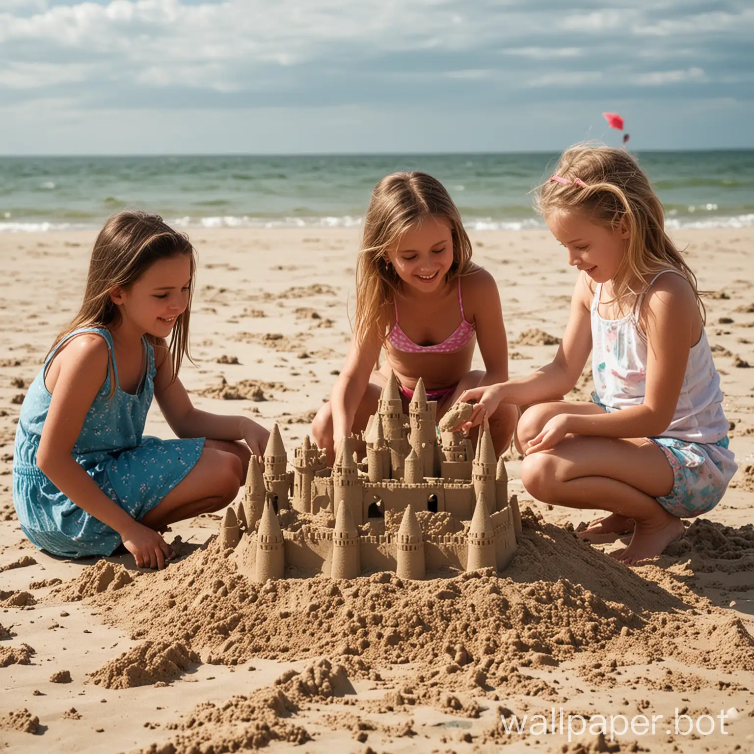 Girls on the beach playing building sand castles.