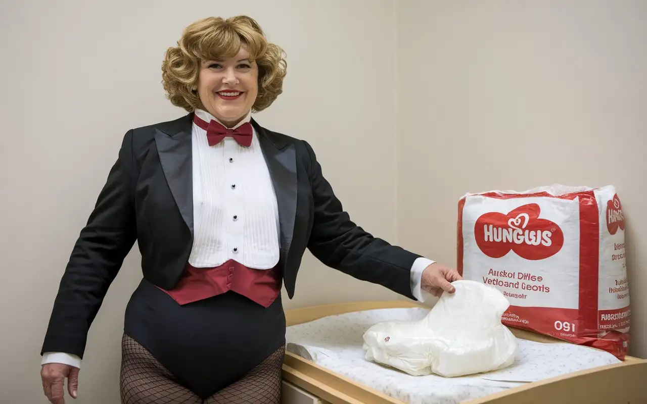 Smiling-Woman-in-Formal-Tuxedo-Unfolding-Adult-Diaper-in-Nursery