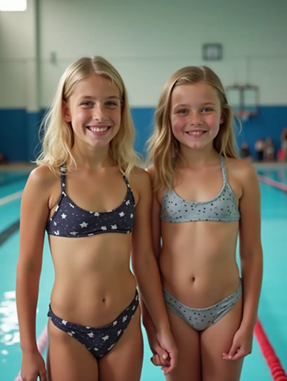 Two cute, 10-year-old girls with cute makeup, shoulder length blonde hair, wearing cute swimwear, standing in a middle school gymnasium