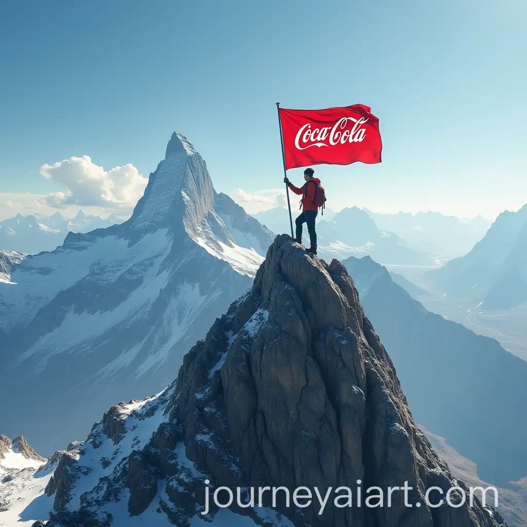 Climber-Reaches-Mountain-Peak-and-Plants-CocaCola-Flag