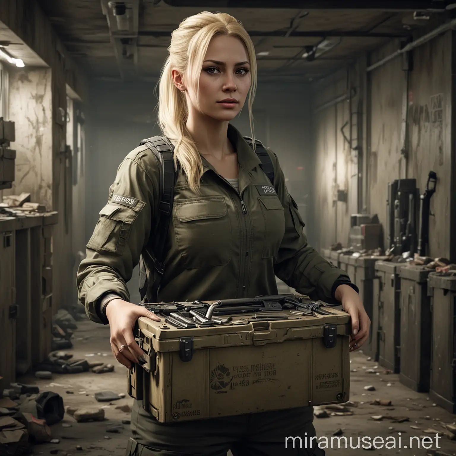 Female Trader in Civilian Clothing with Ammo Box in Military Bunker