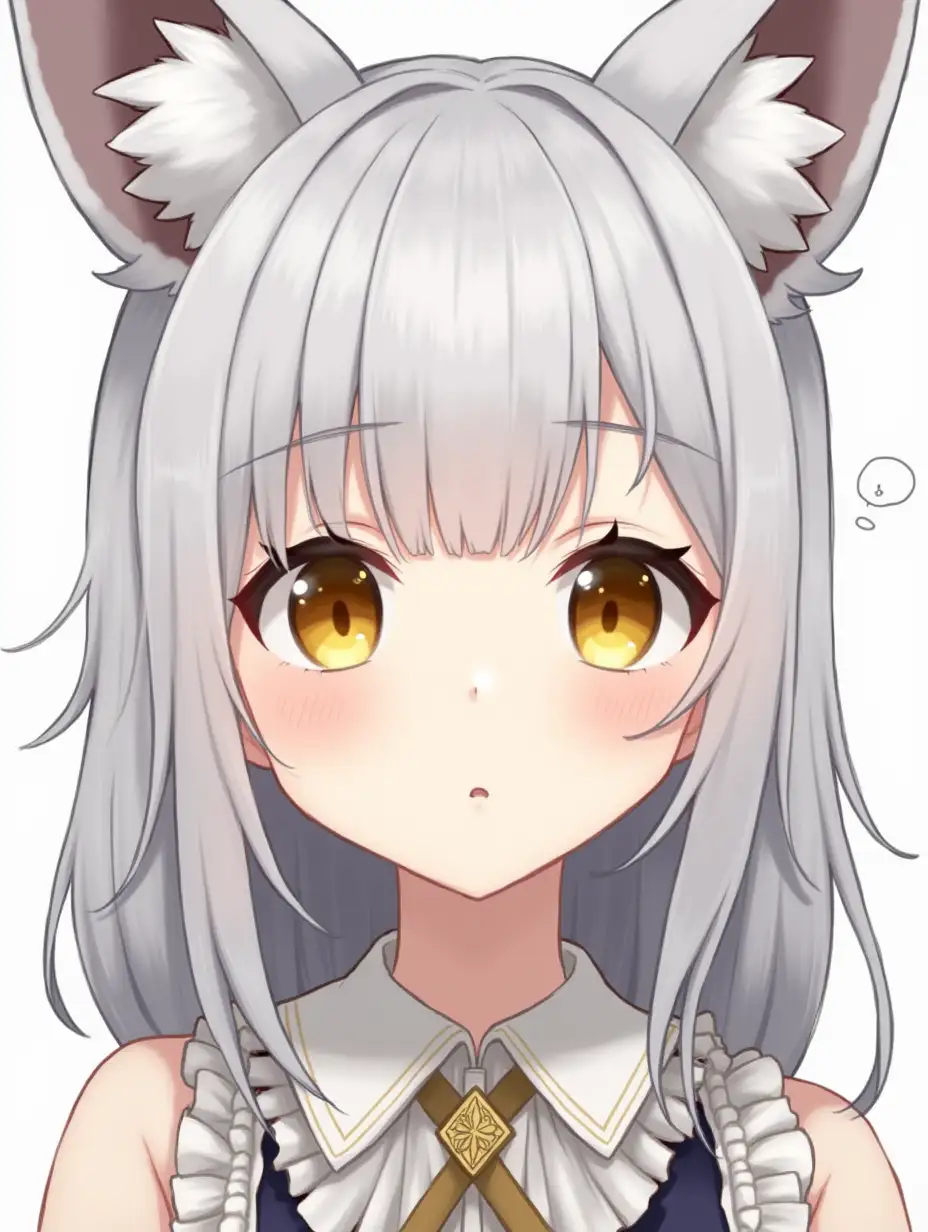 portrait, anime girl, in her twenties, facing viewer, bangs swept to sides, visible forehead, fox ears,royalty, silver hair, yellow eyes,