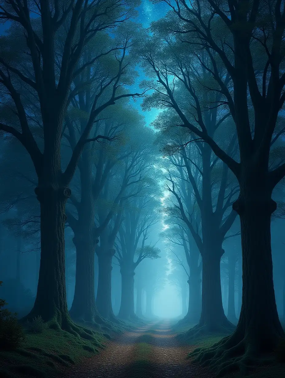 In the enchanted night forest, magic and dreams are intertwined with the towering trees. The hearts of the forest hold the hopes and aspirations of all who enter. This striking image, reminiscent of the style seen in 'The Lord of the Rings,' transports viewers to a realm of fantasy and wonder. Each tree stands tall and majestic, their branches reaching for the starlit sky. The scene is imbued with a sense of mystery and ancient power, captured with exquisite detail and vivid colors. The overall quality of the image is truly breathtaking, inviting viewers to immerse themselves in this mystical world.