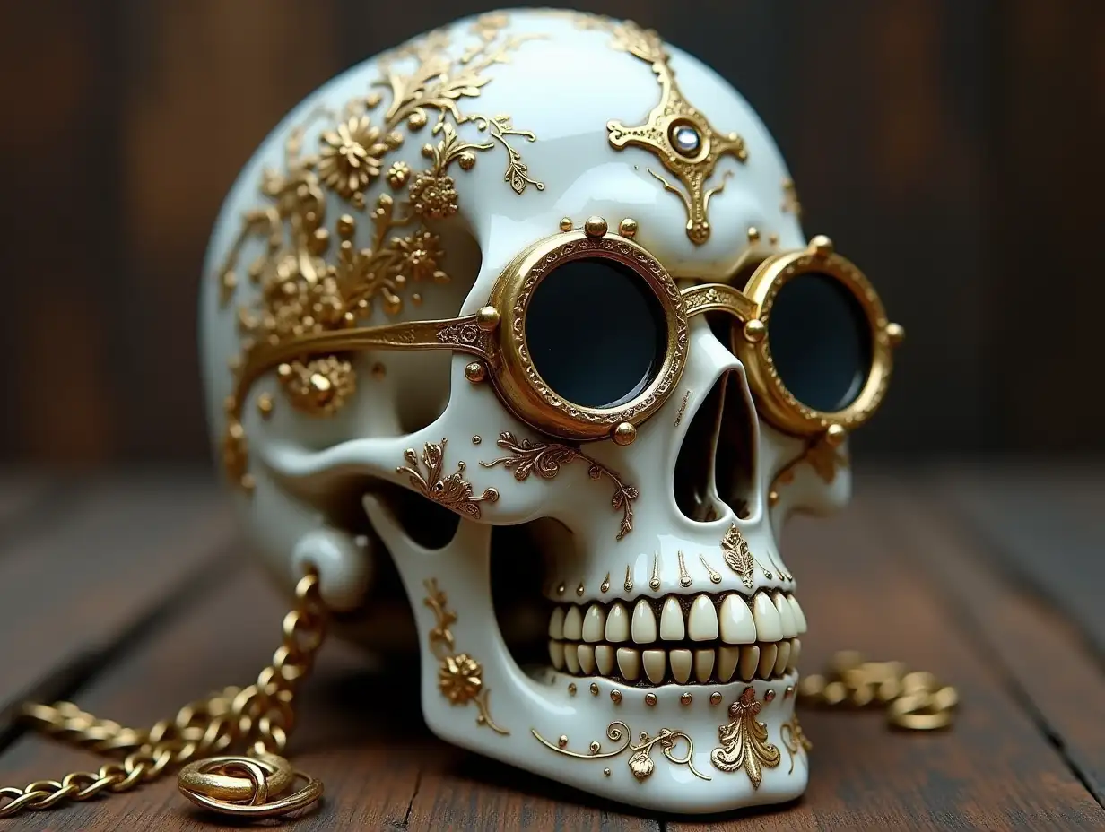 Cyber Totenkopf mit Glasaugen, Porcelain with golden ornaments Steampunk 100 mm Capture