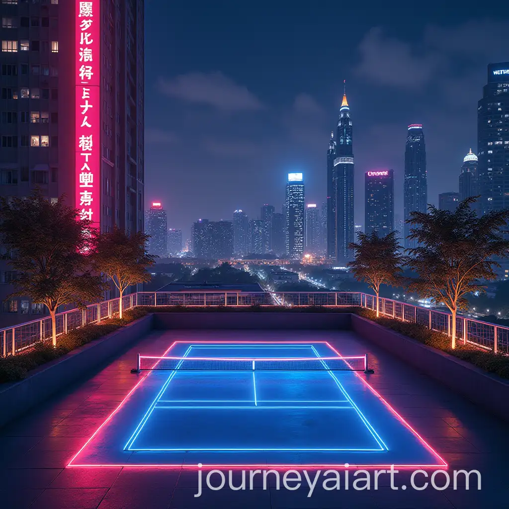 Chengdu-Pickleball-Social-on-Rooftop-Neon-Night