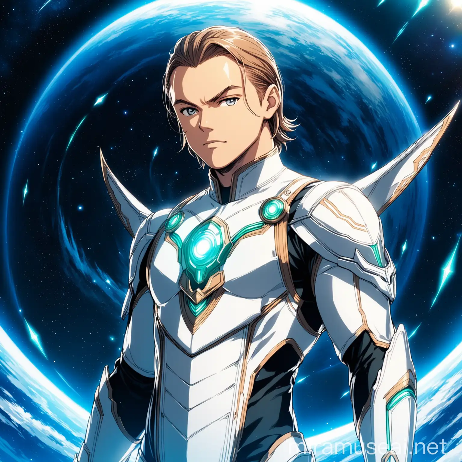 An anime ((man similar to Leonardo Di Caprio)), (large elf ears), elf ears, grey eyes, calm look, futuristic clothes, heroic pose, in epic space anime