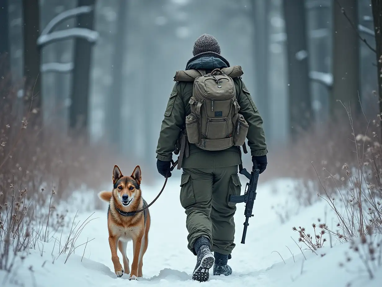 A typical survivalist, with a backpack, gun, and dog, walks through a wintry forest.