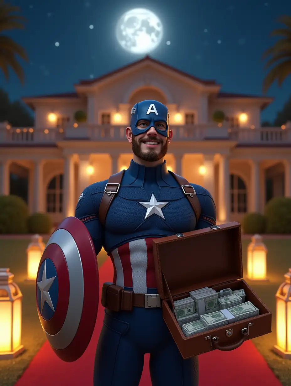 A highly detailed 3D-rendered image in stunning 4K resolution featuring Captain America standing confidently at a luxurious mansion entrance during nighttime. He wears his iconic blue, red, and white suit with a detailed texture, star emblem on the chest, and a brown utility belt. His muscular build is well-defined, and he is wearing his signature blue helmet with the 'A' symbol, leaving only his bearded lower face visible. His expression is joyful, with a wide, confident smile. In his left hand, he holds his signature round shield, reflecting ambient light from nearby lanterns. In his right hand, he proudly presents an open brown briefcase filled with neatly stacked bundles of cash. The setting is elegant, with a grand, well-lit mansion in the background decorated with floral arrangements, string lights, and a red carpet leading to the entrance. The surrounding area is illuminated with warm golden lanterns, casting a soft glow on the scene. The sky is dark blue, featuring a bright full moon and twinkling stars, enhancing the luxurious and celebratory atmosphere.