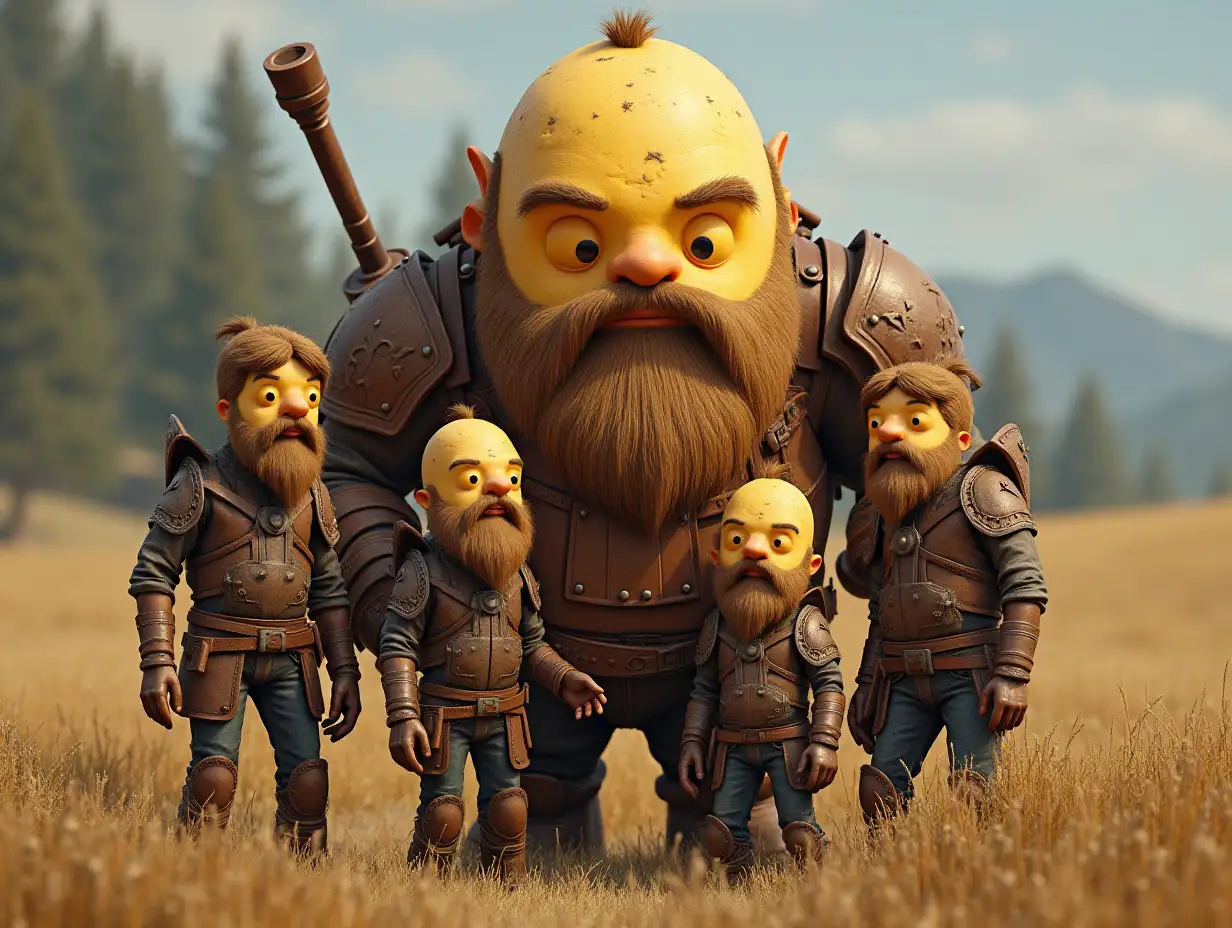 Ki-Fantasy Family,Man,Woman, and Children, giant potato face with beard and with wooden armor equipment