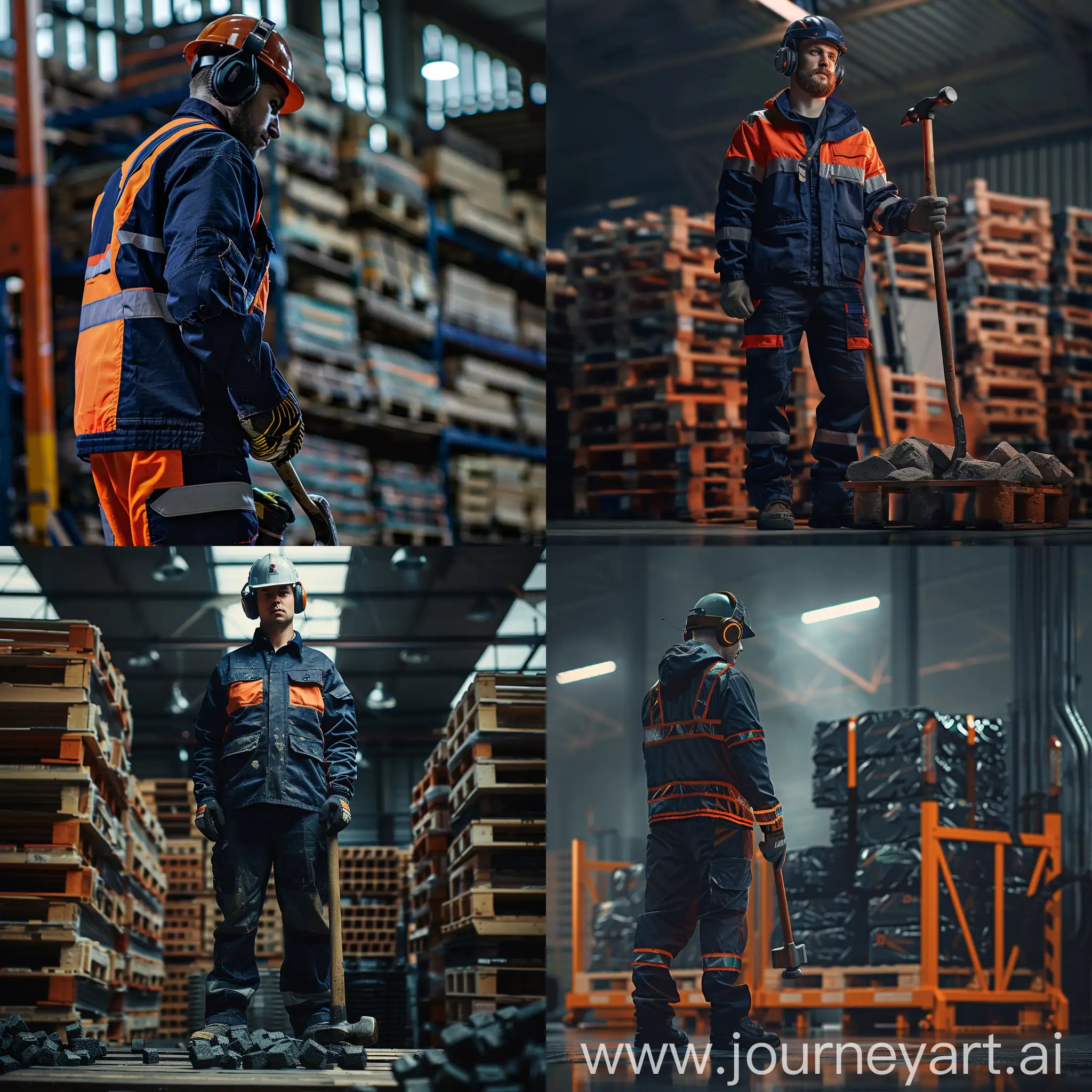 Worker-in-Bright-Orange-and-Dark-Blue-Workwear-Holding-Hammer-on-Pallet-Stack