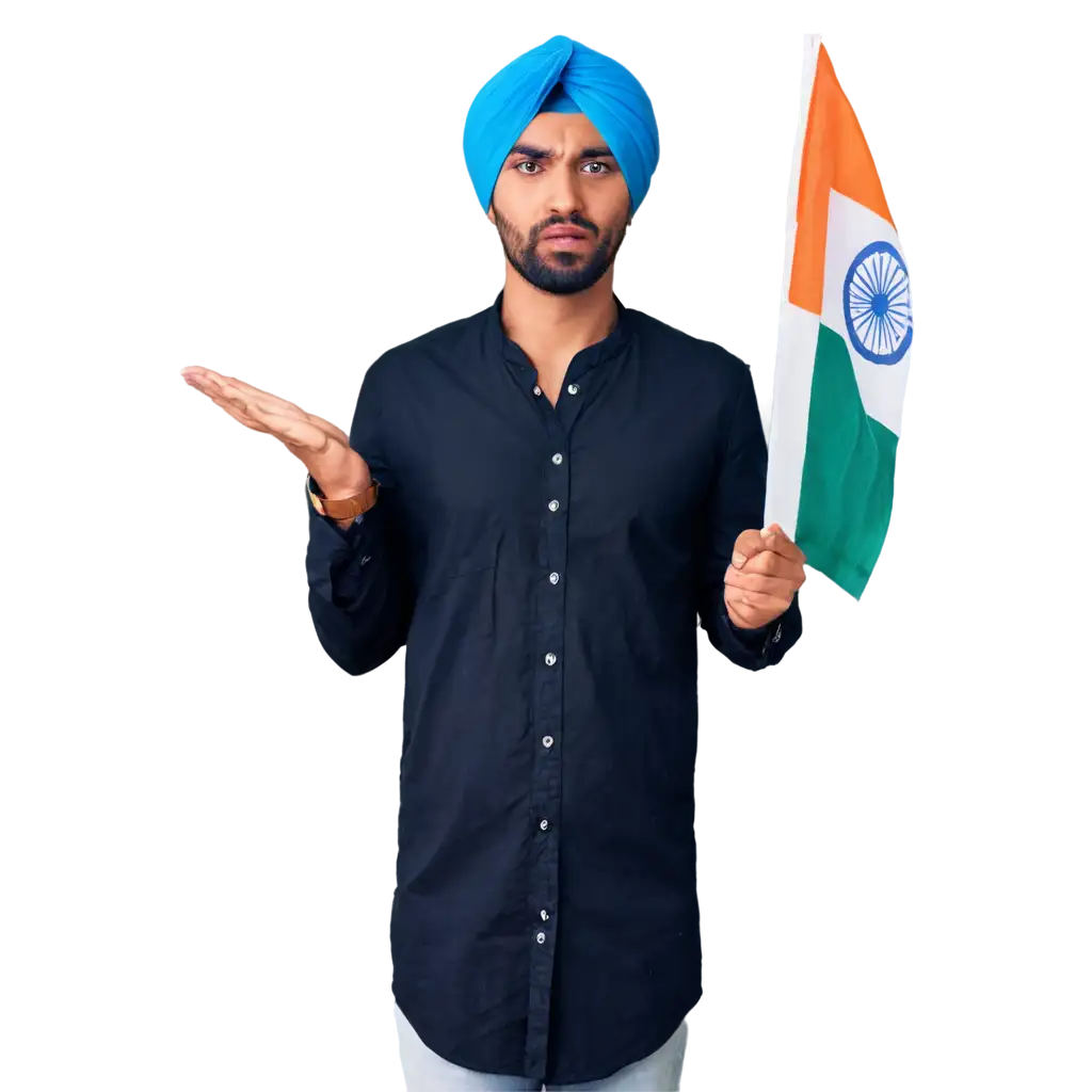 A man with punjabi dress holding indian flag angry reaction