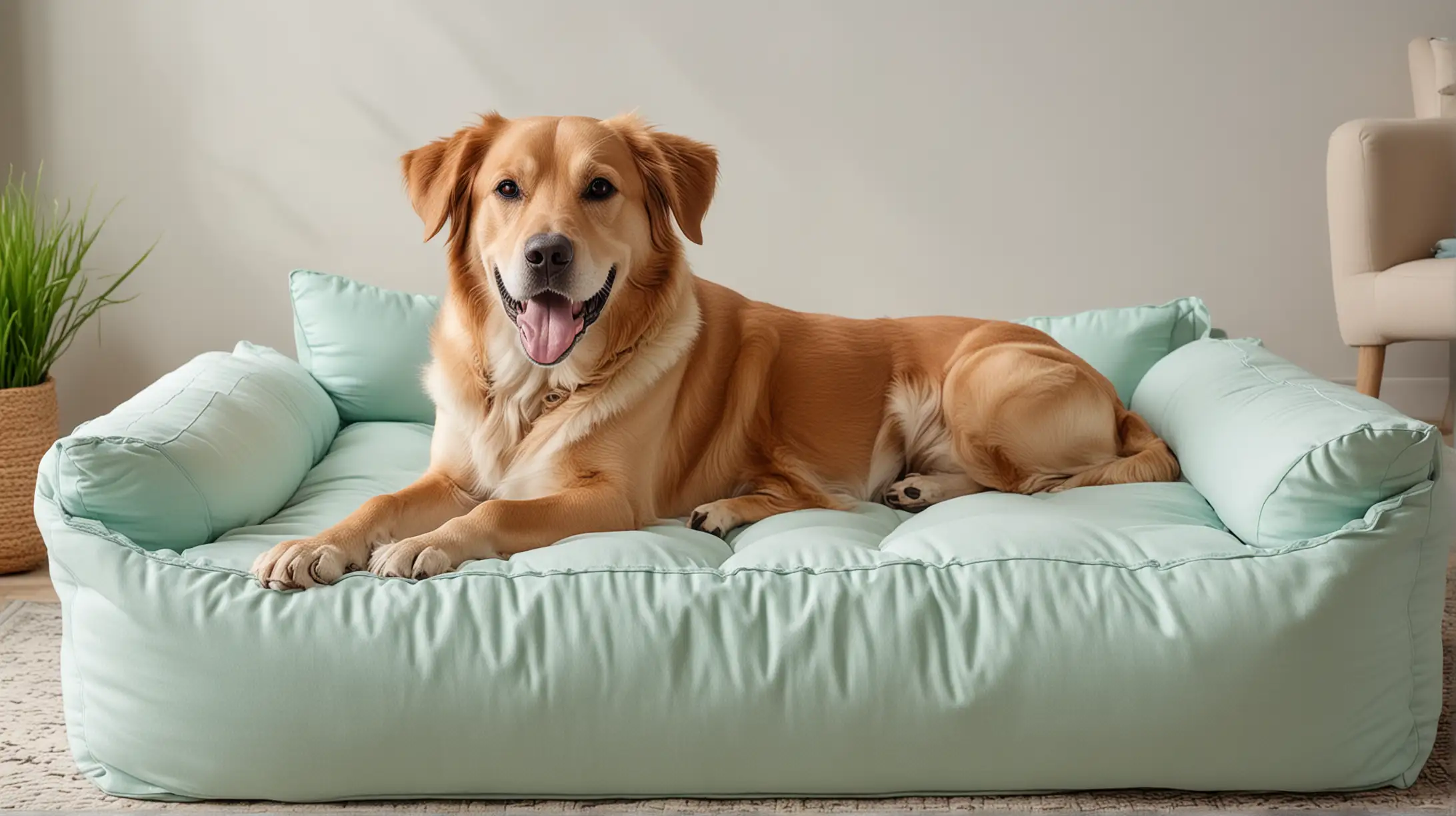 Happy Dog Relaxing on Mint and Sky Blue Couch Bed