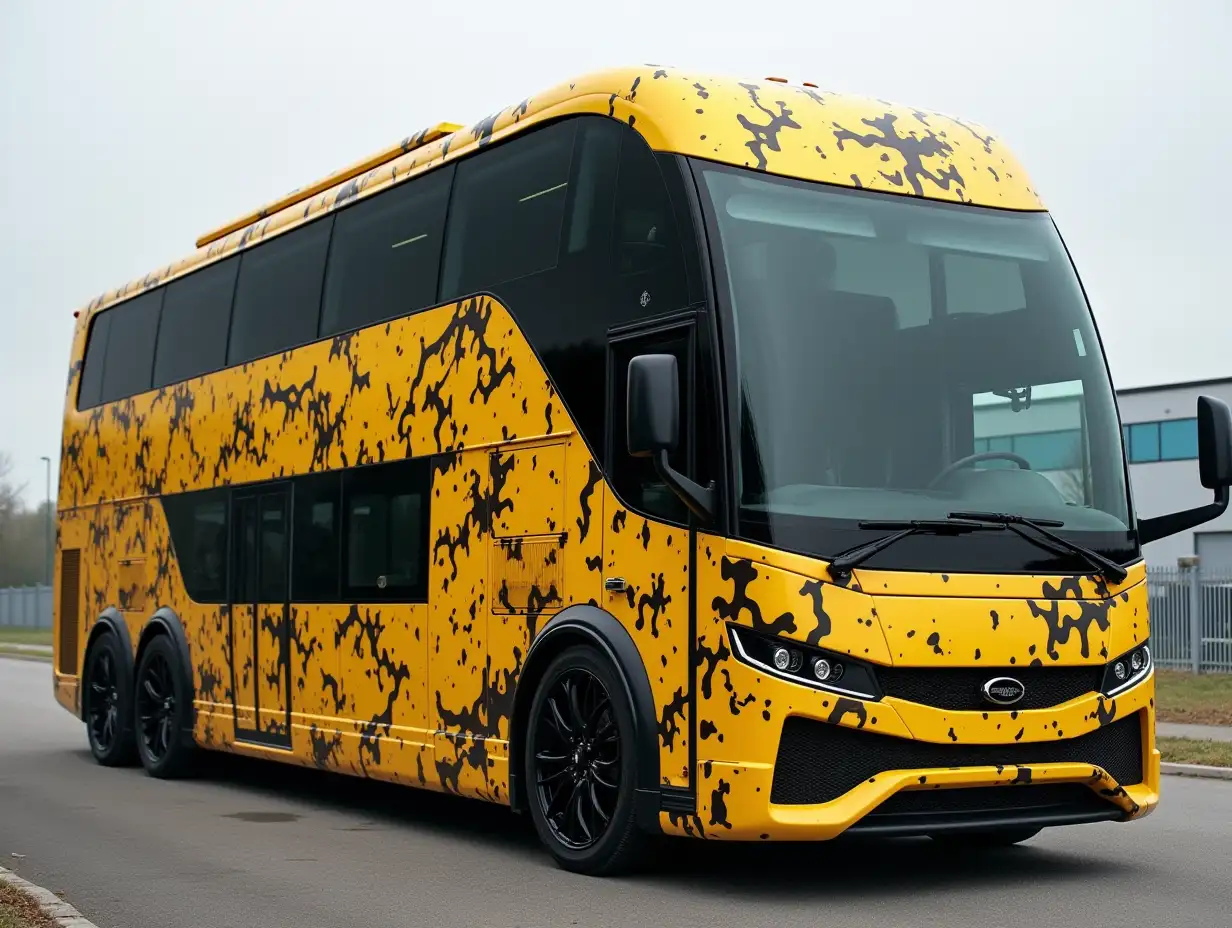 Supermodern utopian sport bus double-decker yellow black camouflage color, lowered chassis, 18-inch rims, 