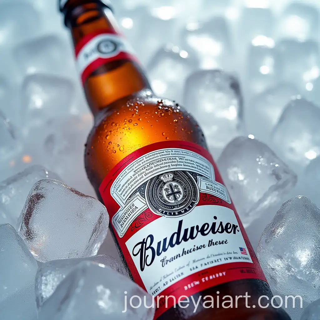 Budweiser-Beer-Bottle-Embedded-in-Ice-Cubes-Closeup-Product-Photography