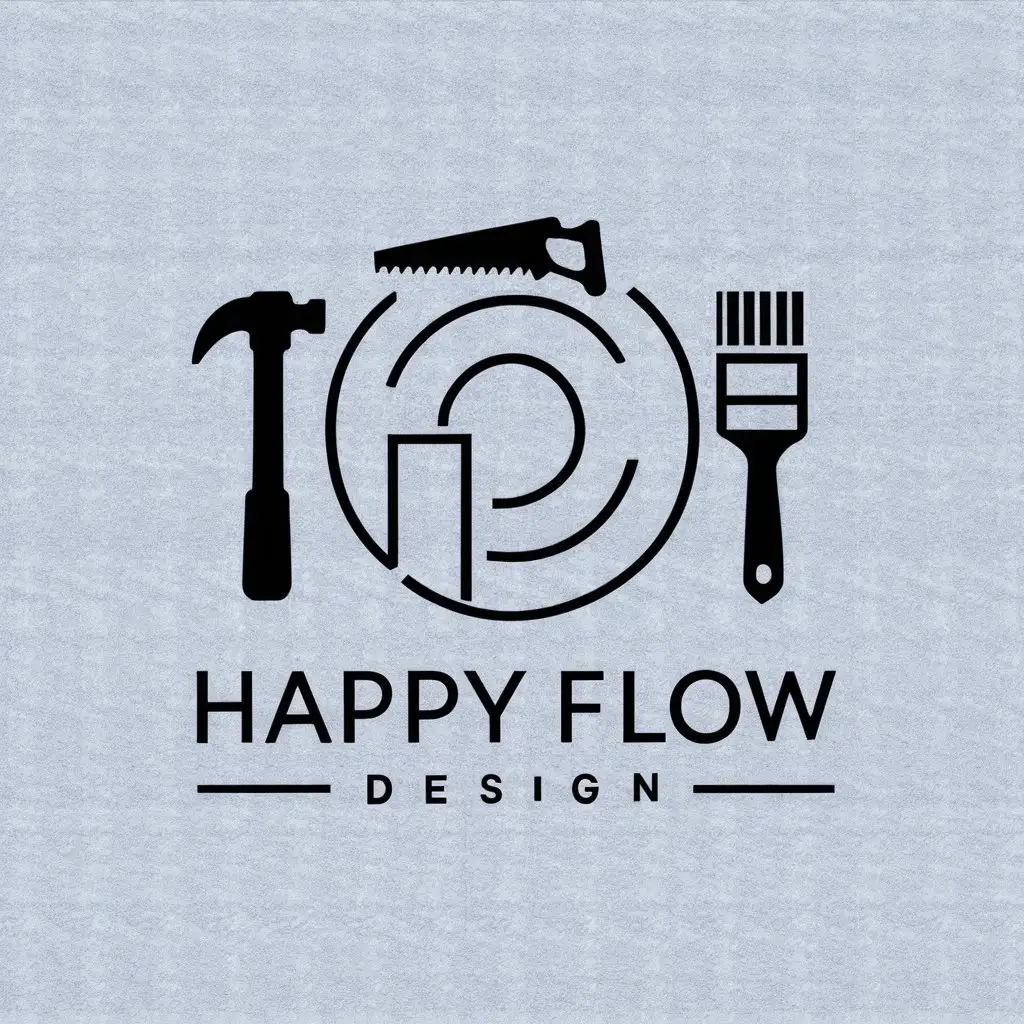 a vector logo design,with the text "Happy Flow Design", main symbol:Hammer, saw, brush, paint,complex,be used in Construction industry,clear background