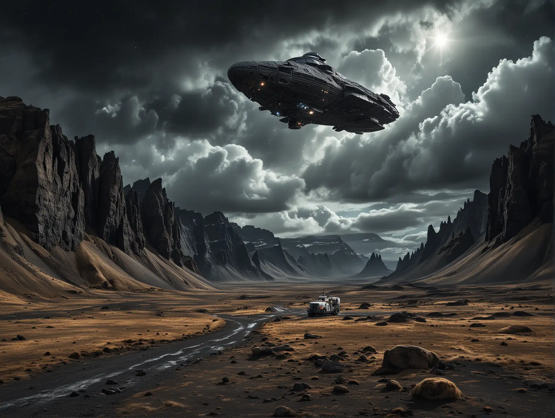 An alien ship is seen in dark sky clouds in a mountain valley with high-resolution and high detailed mountain rock texture in Iceland, with an astronaut and his vehicle in the distance. The image is high-quality and high-resolution.