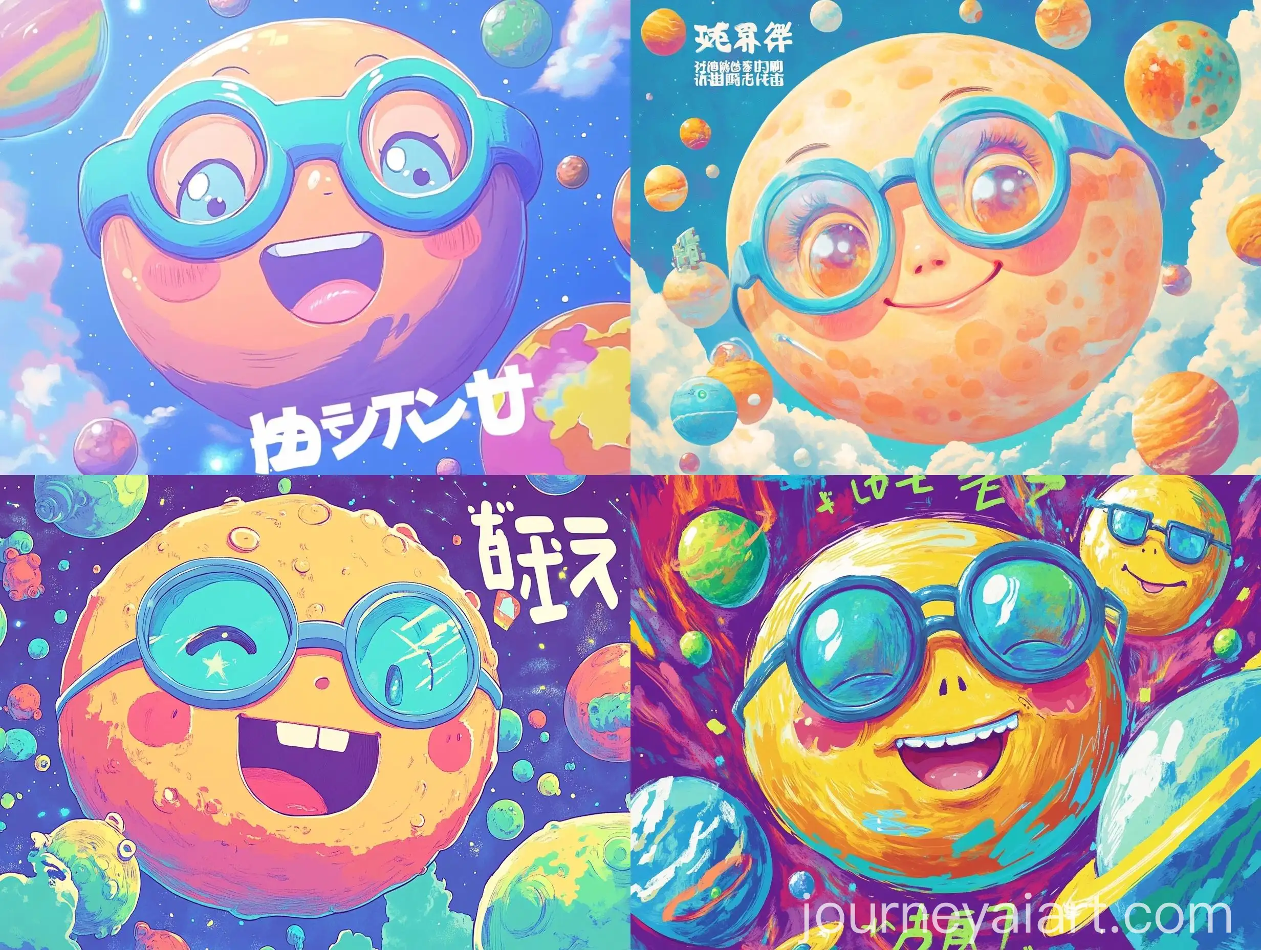 Whimsical-Cartoon-Art-Planetheaded-Character-with-Blue-Glasses-in-Colorful-Space-Scene