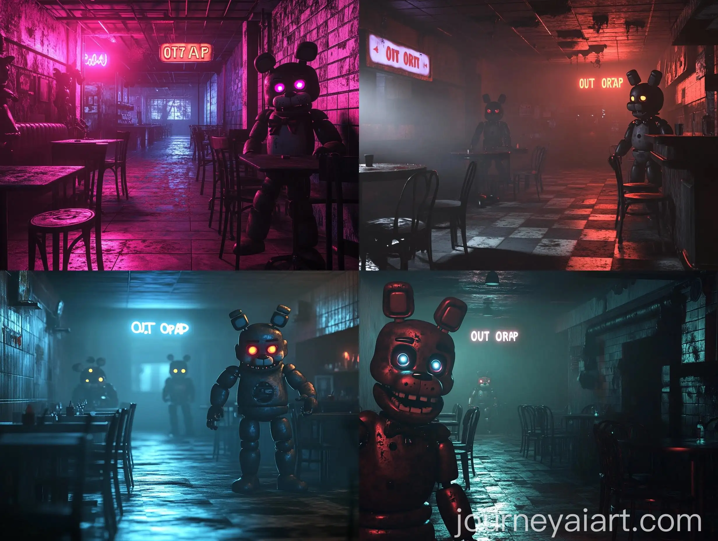 Eerie-FNAF-Animatronics-in-Dimly-Lit-Pizzeria