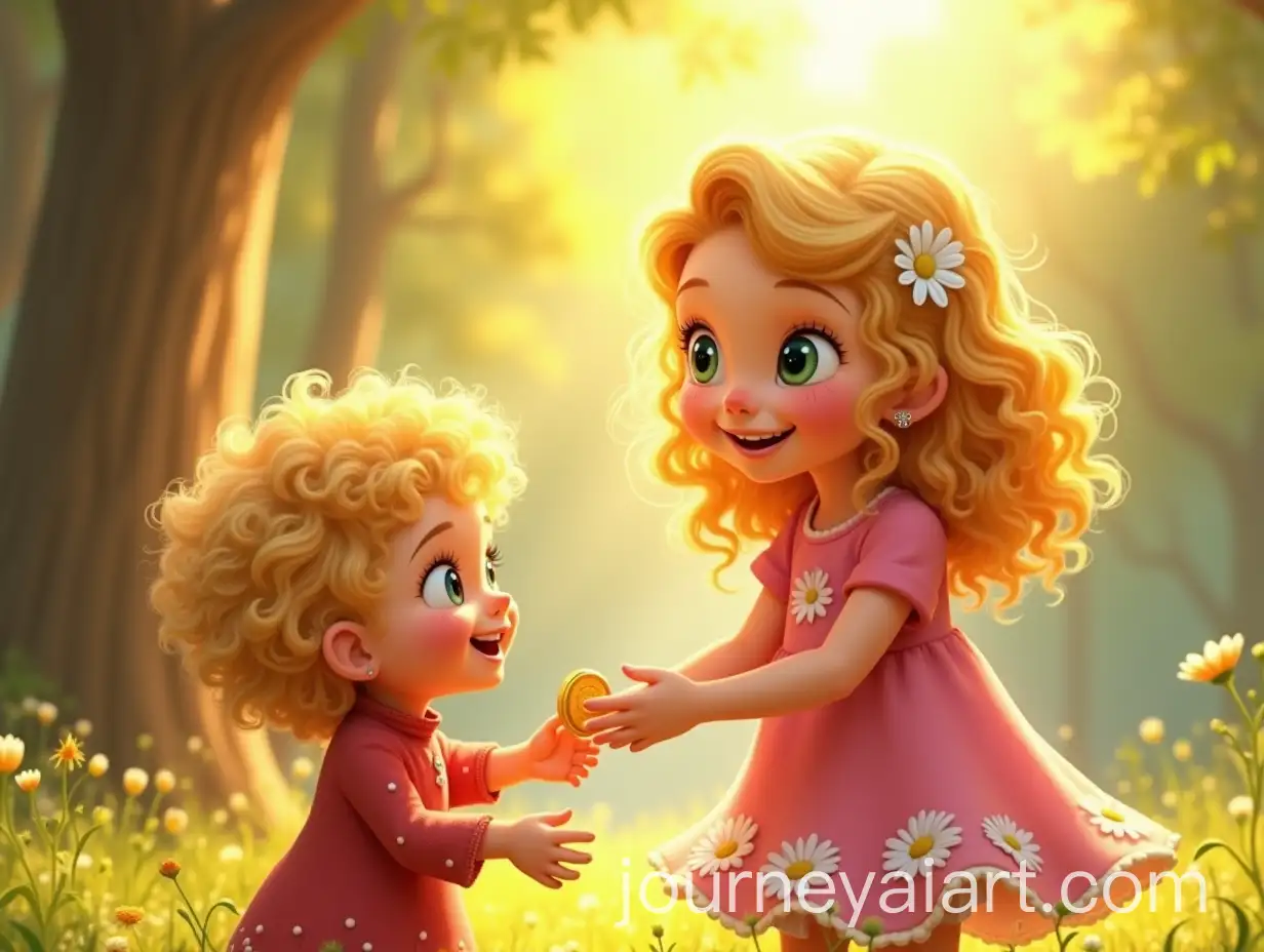 Little-Girl-Sharing-a-Shiny-Coin-with-a-Friend-in-a-Warm-Sunny-Forest-Setting