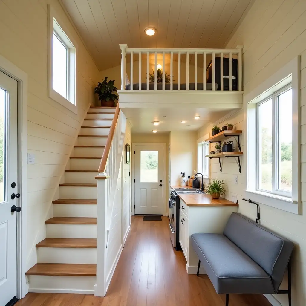 Cozy-Tiny-House-Interior-with-Mezzanine-Cream-Tones-and-Large-Window