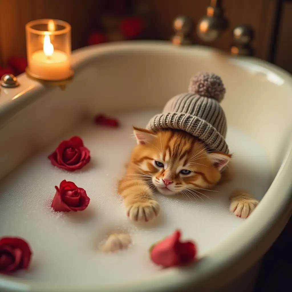 ginger sweet real kitten in knitted hat lies in a large bath. is lying with his back down. Head on the edge of the bath. body half submerged. there is foam and red roses in the bath. there are candles on the edge of the bath. kitten's paws on the edges of the bath