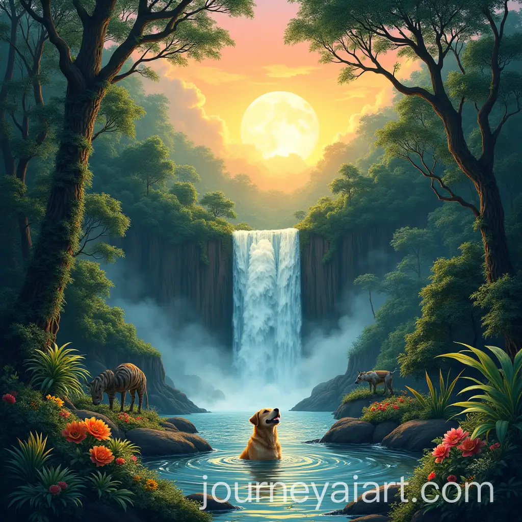 Colombian-Jungle-Waterfall-with-Happy-Dog-Peacock-and-Tiger