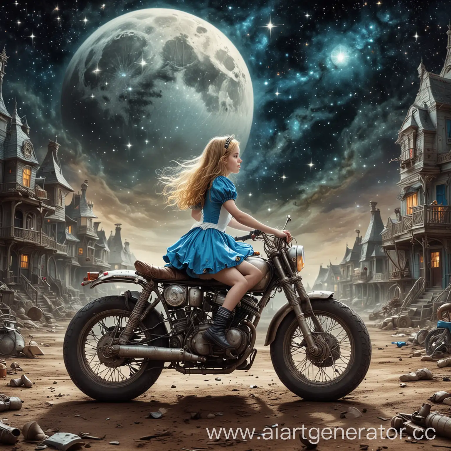 Alice-in-Wonderland-Art-House-on-the-Moon-with-Motorcycle-Galaxy-Stars