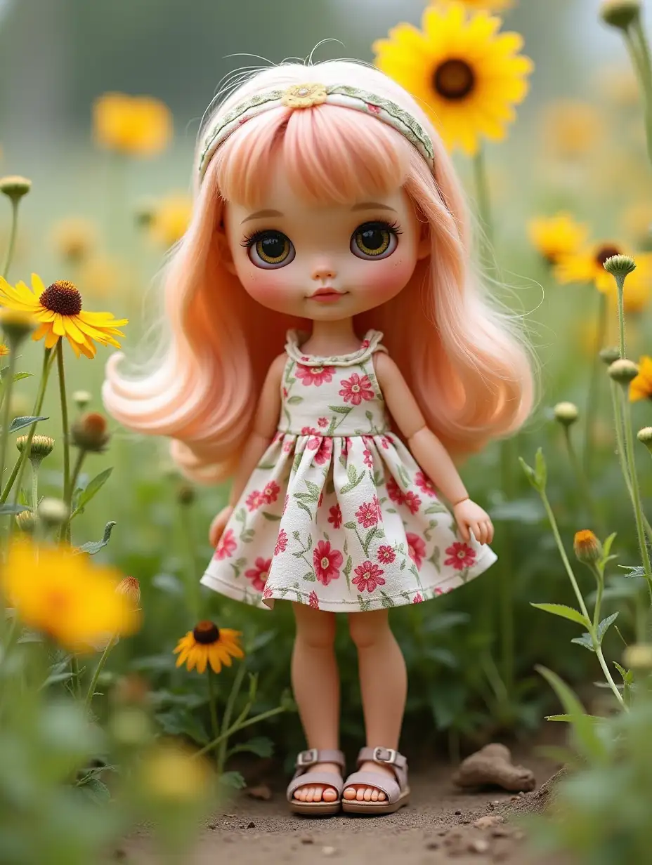 Blythe doll in a summer dress with a floral print, flat sandals, among wildflowers