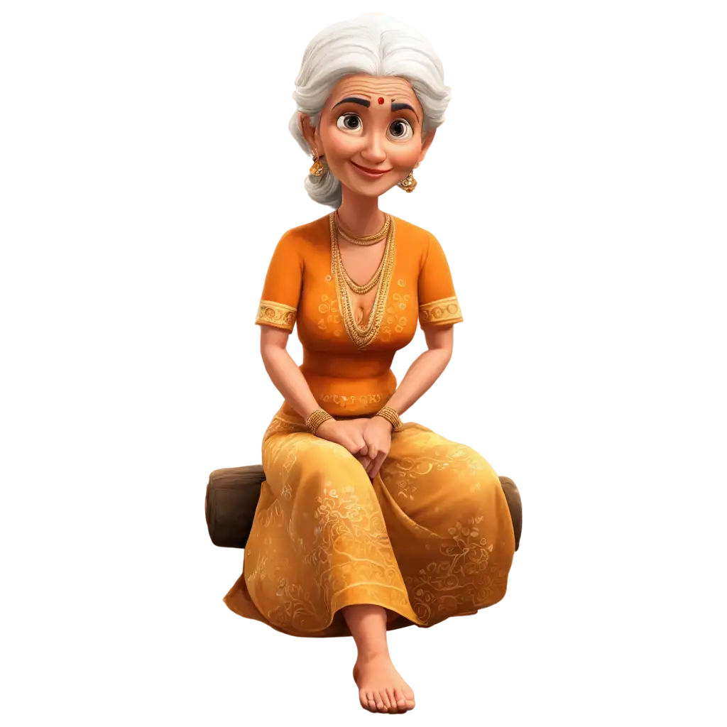 Old-Cute-Animated-Cartoon-Grandmother-in-Indian-Dress-Sitting-on-Floor-PNG-Image-for-Versatile-Use