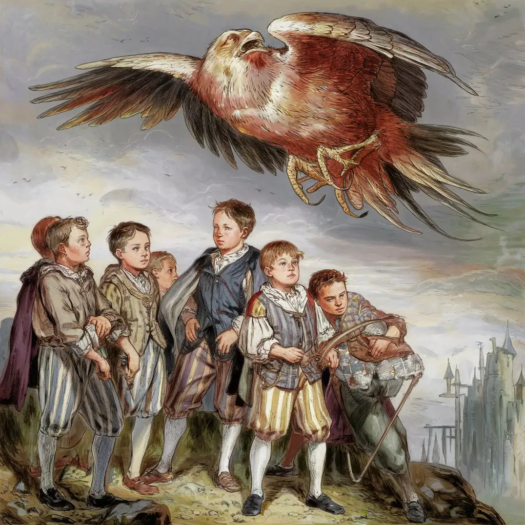 Let's exhale guys. The boys exhaled and a rook died in convulsions in the misted sky above them. hyper-detailed and incredibly complex color illustration. Accurate. clear.