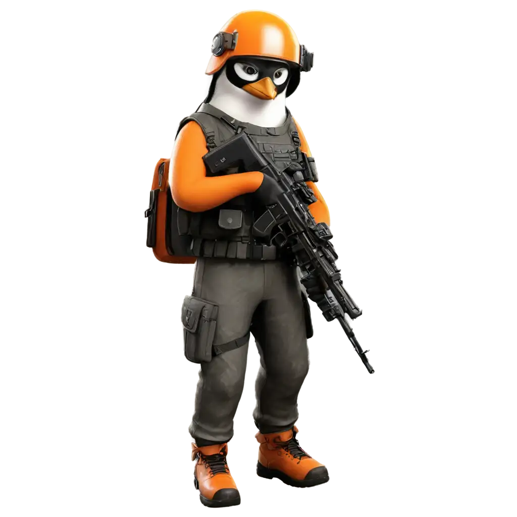 Penguin-PNG-Image-with-Orange-Color-PUBG-Level-2-Helmet-and-M249-Weapon