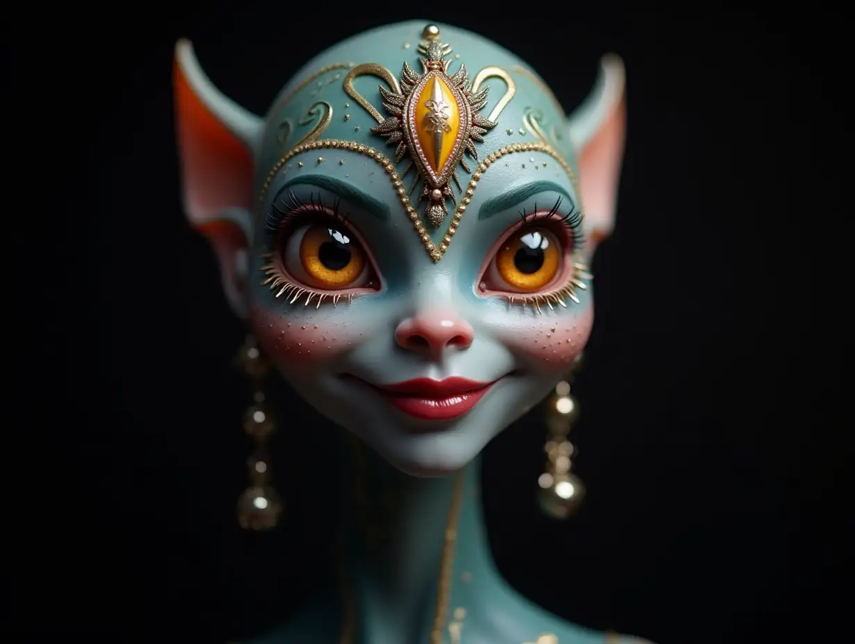 Depiction of a beautiful alien with makeup, shimmering around the eyes with a smile and intricately detailed, colorful and futuristic jewelry. Black background 10-mm shot