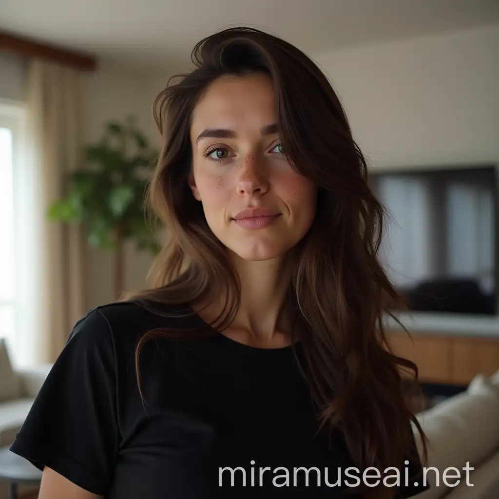 Young Woman with Long Brunette Hair in Modern Living Room