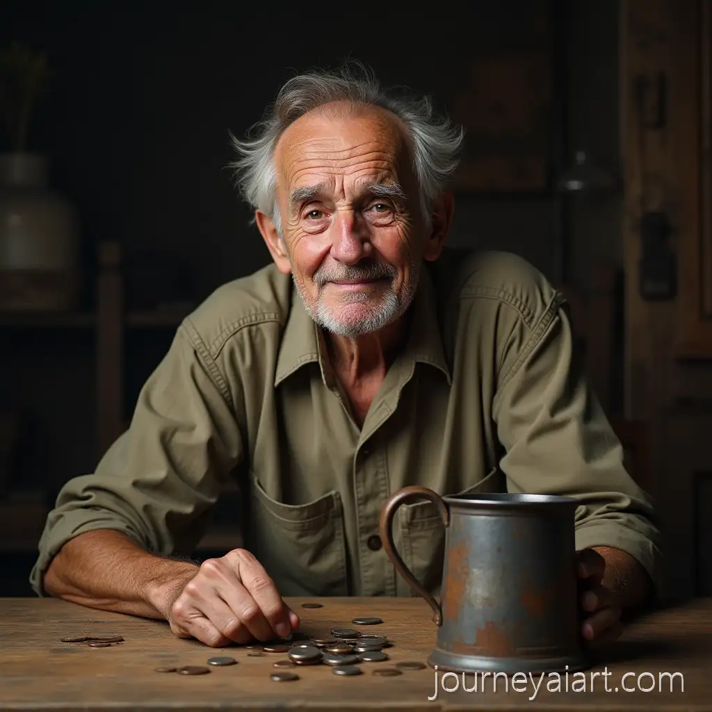 Poor-Old-ManOld-man-with-coins-Sitting-at-a-Table-with-Coins-and-an-Iron-Mug