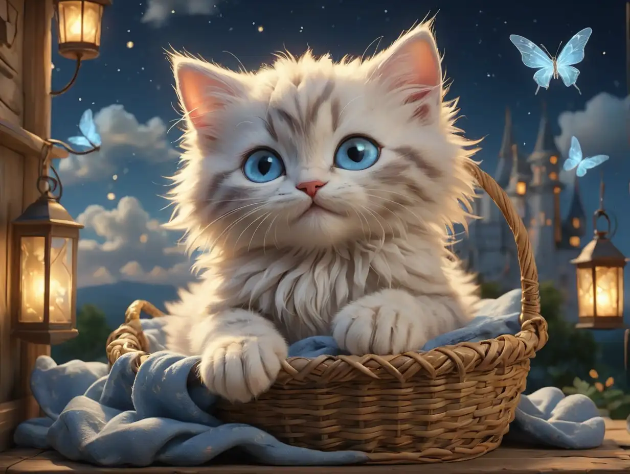 Fluffy-Kitten-Holding-Glowing-Star-on-Dreamy-Balcony-with-Fairytale-Castle