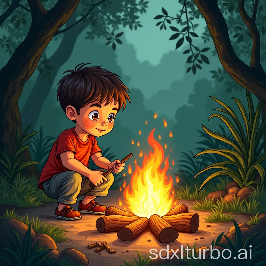 Child-Making-Fire-in-Jungle-Handdrawn-Childrens-Book-Illustration