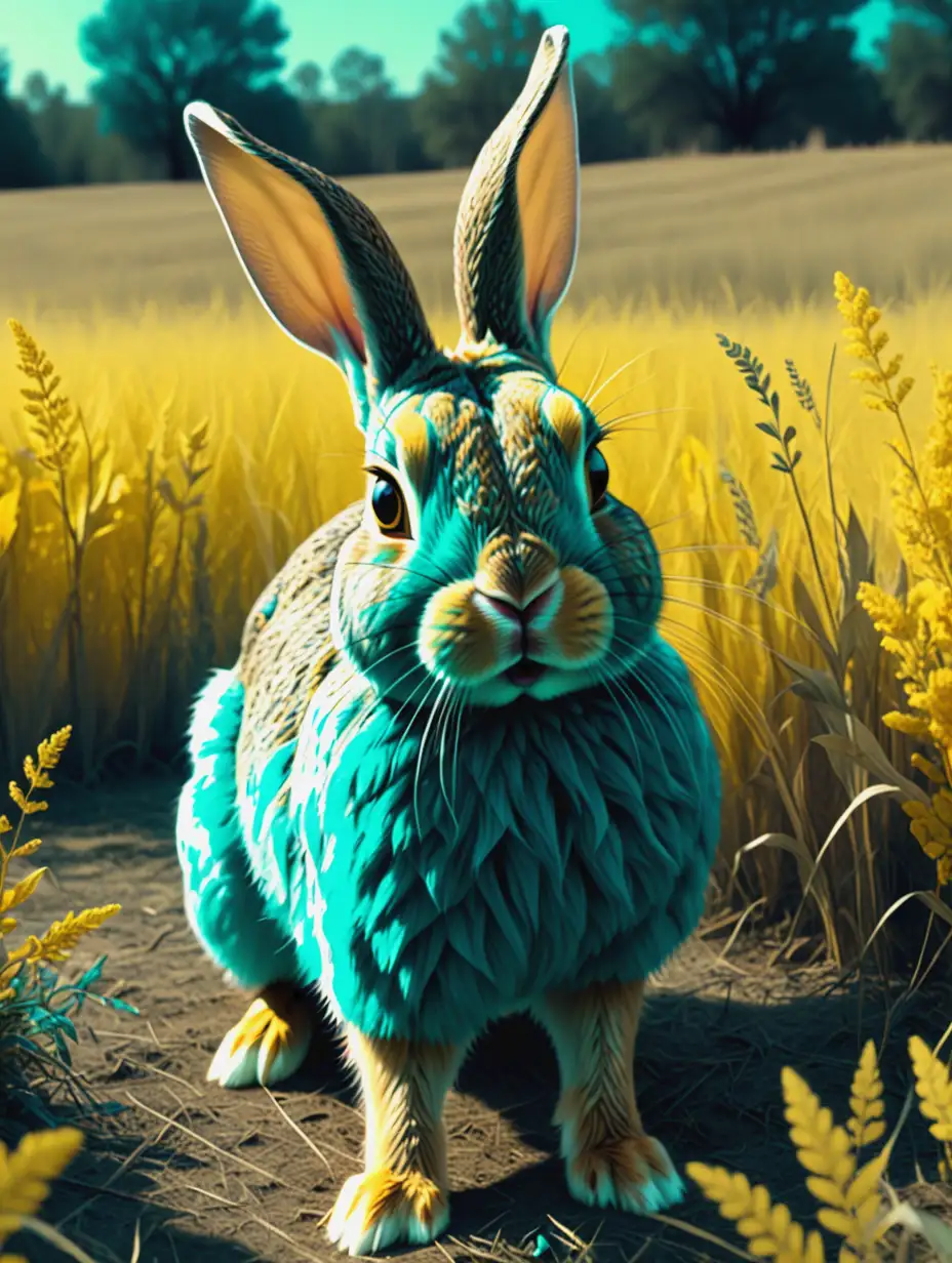 Fantasy Movie Scene Wild Rabbit with Teal Flecks in Yellow Field