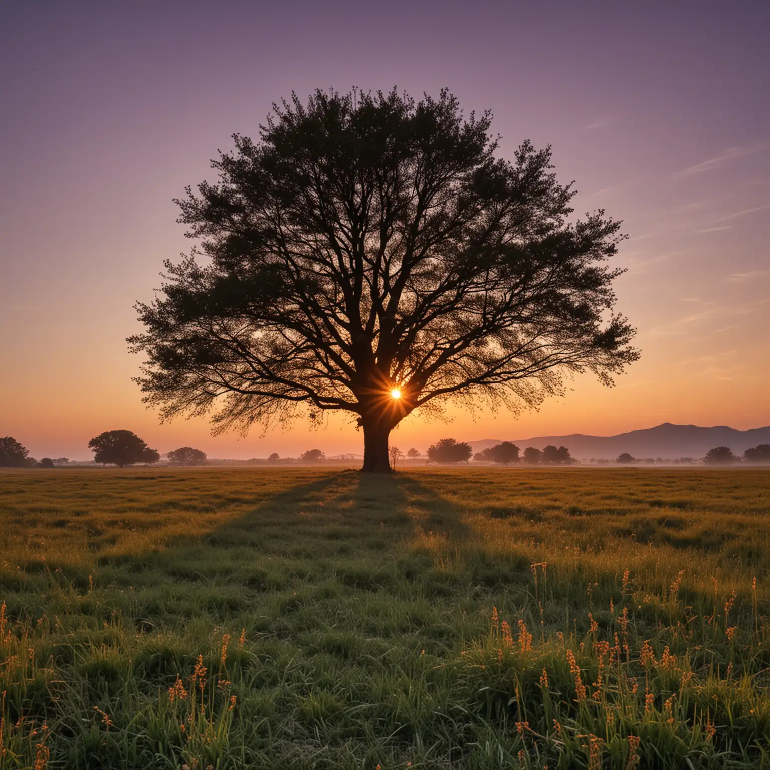 Sunrise Over a Majestic Oak Tree in a Vibrant Meadow