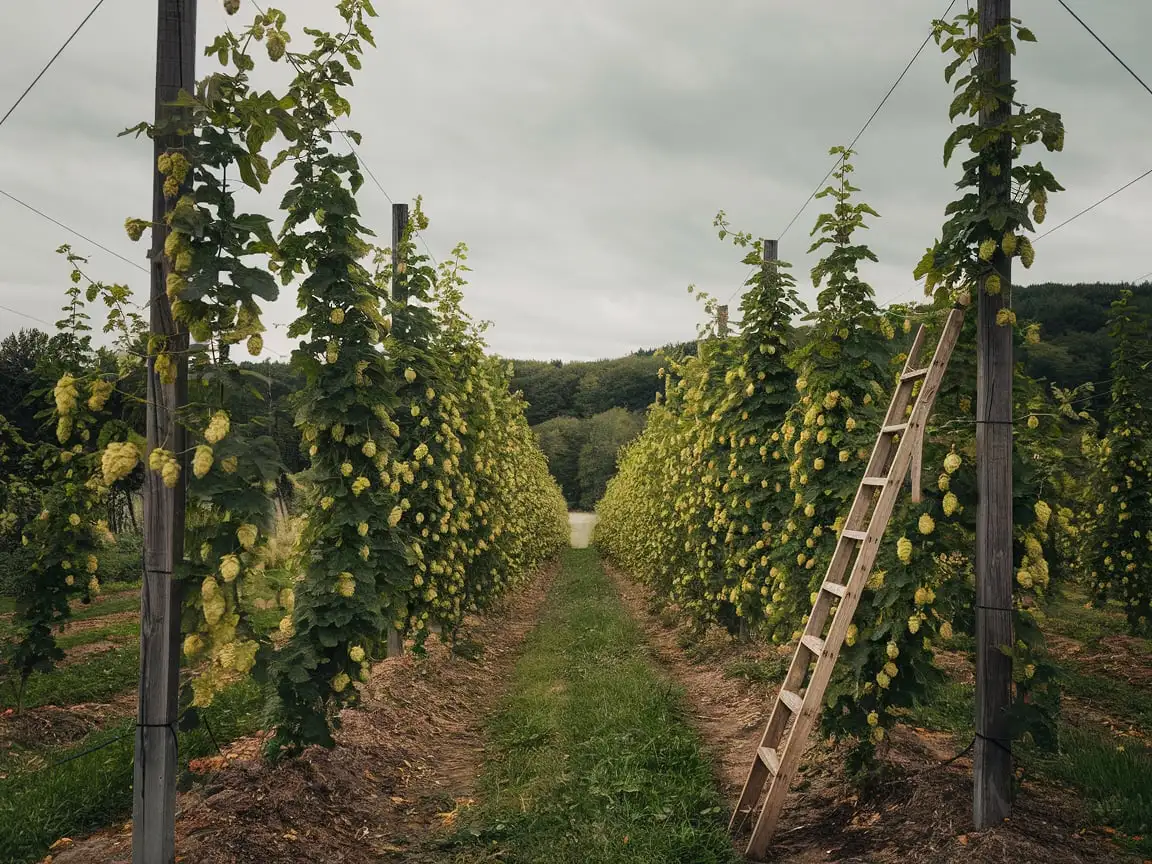 Vibrant-Hop-Garden-with-Harvesters-at-Sunrise