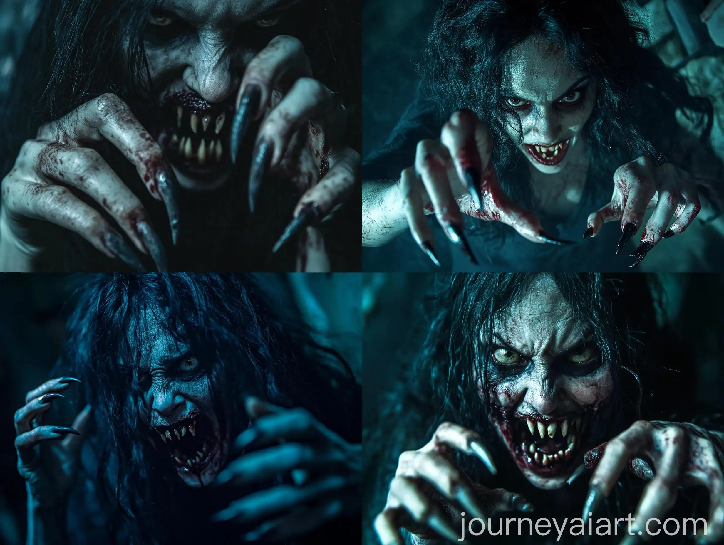 Menacing-Vampire-Woman-with-Beastlike-Claws-and-Sharp-Fangs-in-Creepy-Night-Scene