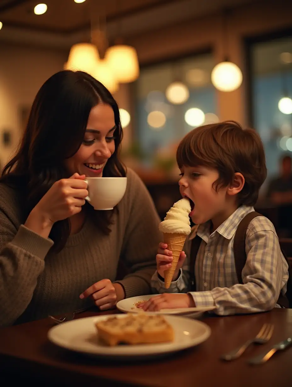 Mother and little boy sitting at a restaurant together eating dessert after dinner in the evening. The little boy is licking a vanilla ice cream cone and the mother is drinking a cup of coffee